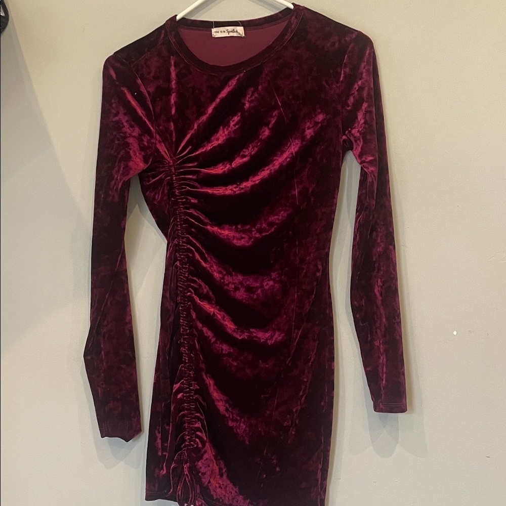 Velvet Ruched Long Sleeve Dress in Deep Burgundy small